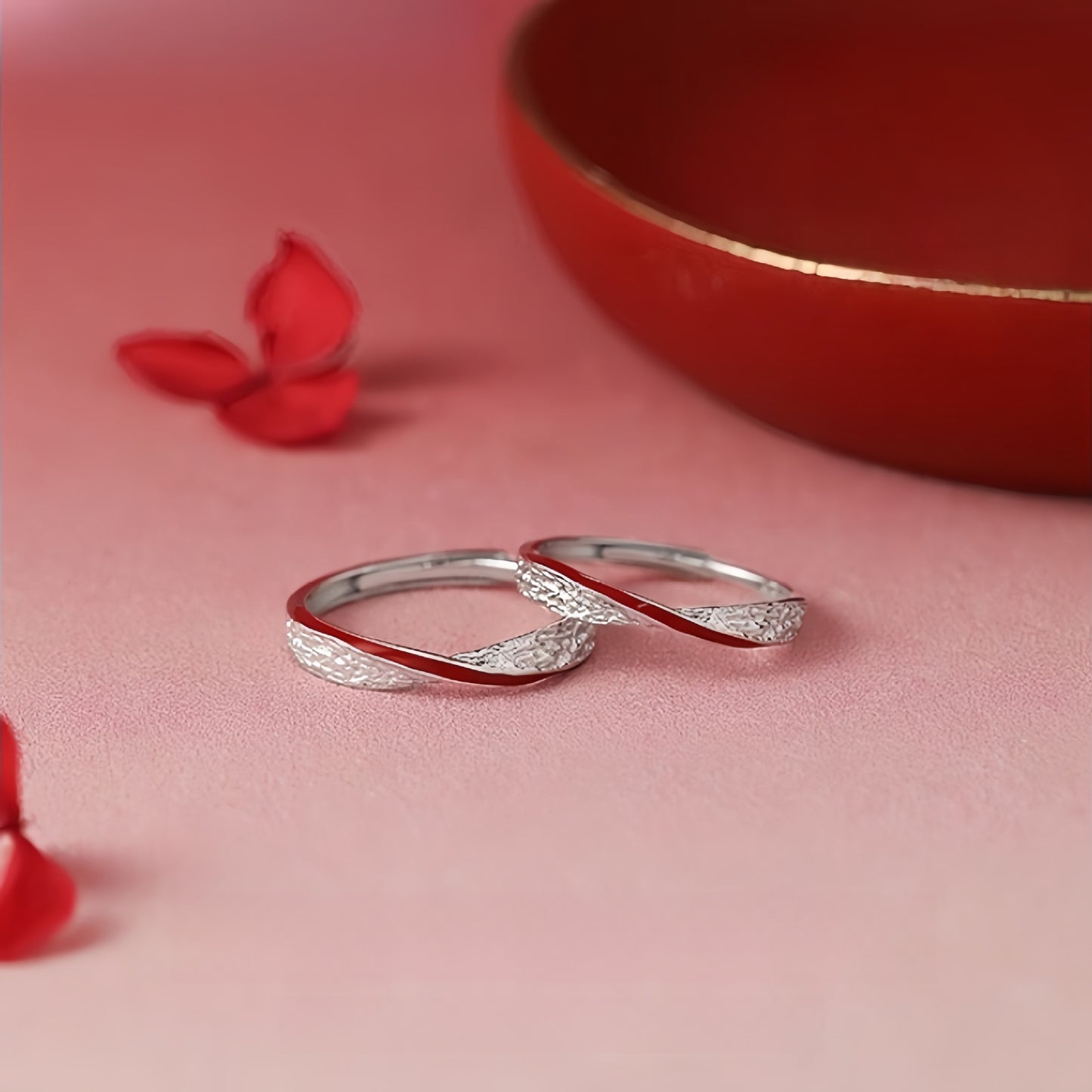Adjustable Red Silk Thread Sterling Silver Couple Ring